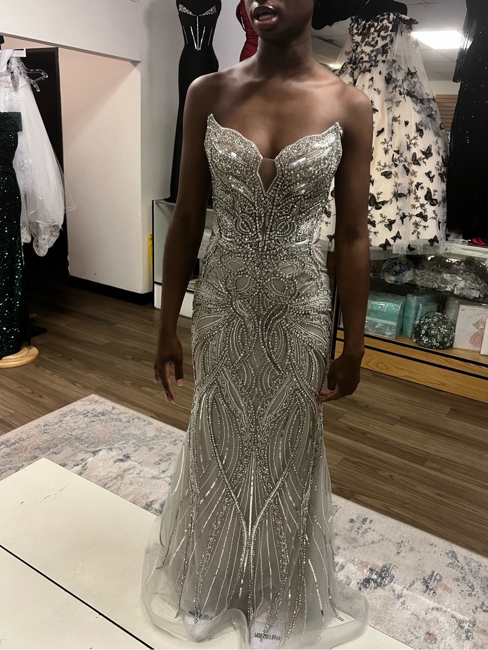 Strapless Beaded Silver Evening Gown